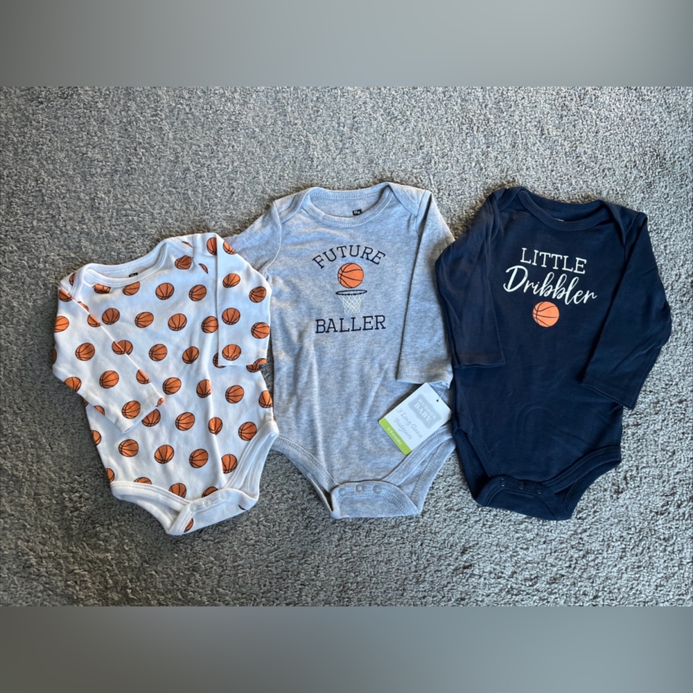 Hudson Baby Set of 3 Long Sleeve Bodysuits Basketball Theme Size 6-9 months-NWT